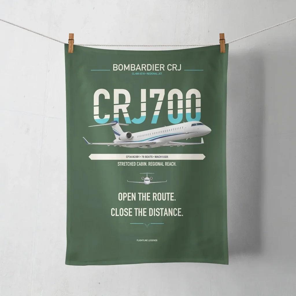 Bombardier CRJ700 design on dark green towel