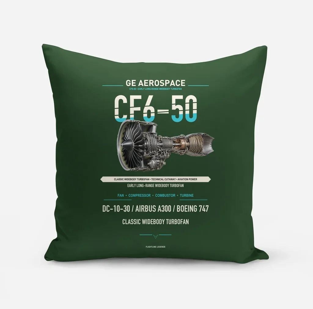 CF6-50 design on dark green pillow