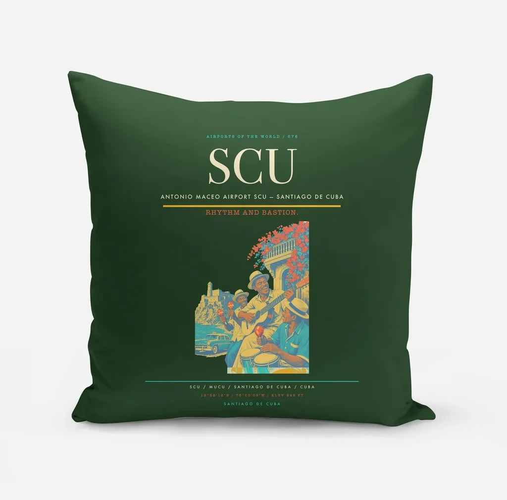 Antonio Maceo Airport (SCU) design on dark green pillow
