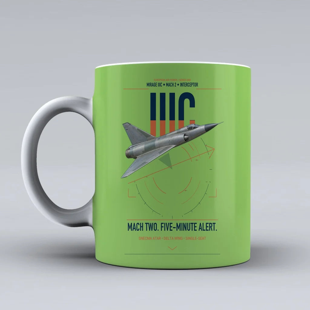 Dassault Mirage IIIC design on light green ceramic mug, double-side print