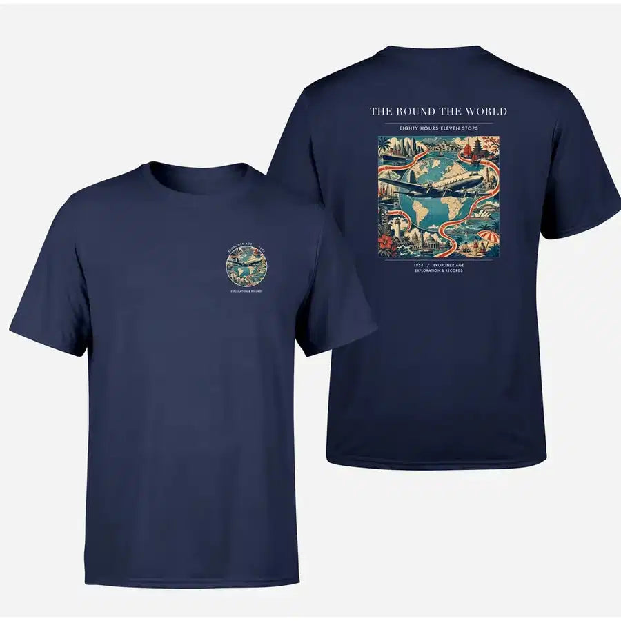 VINTAGE G4100 - The Round The World - Double-Side T-Shirt design on navyblue double side t shirt