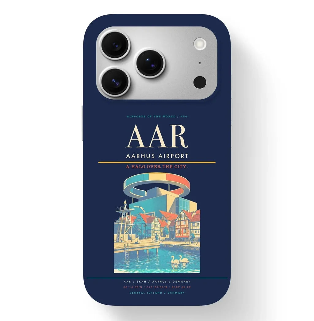 Aarhus Airport (AAR) design on navy blue iPhone 17 Pro MagSafe case