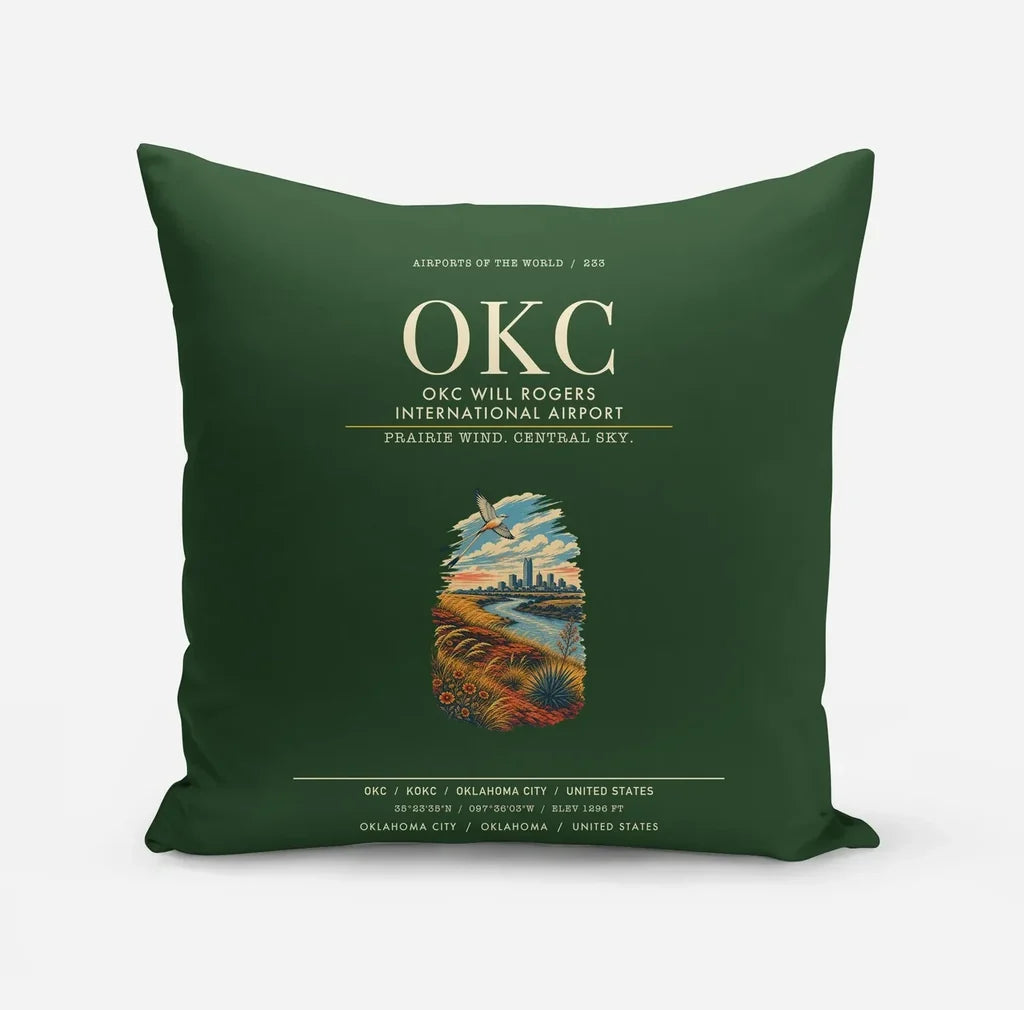 OKC Will Rogers International Airport (OKC) design on dark green pillow