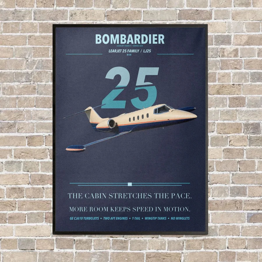 Bombardier Learjet 25 vertical canvas print - framed - navy blue background