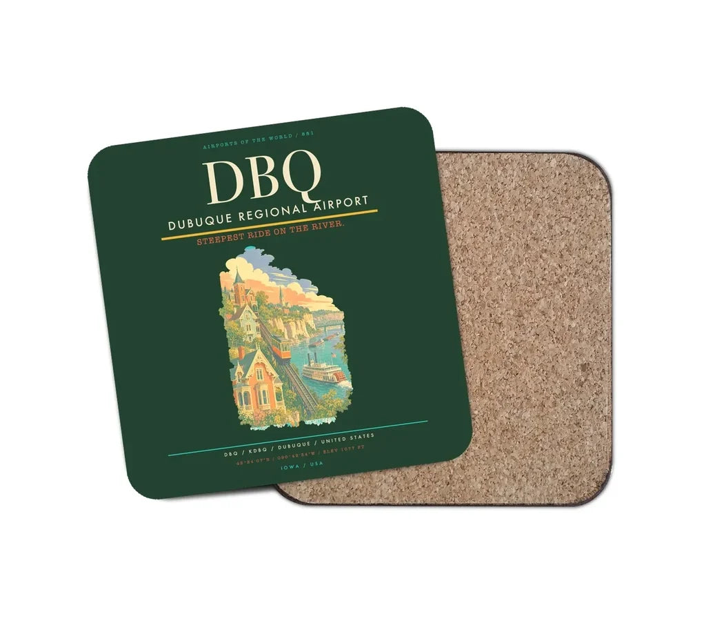 Dubuque Regional Airport (DBQ) design on dark green 1 piece coaster