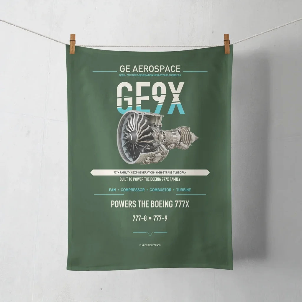 GE9X design on dark green towel