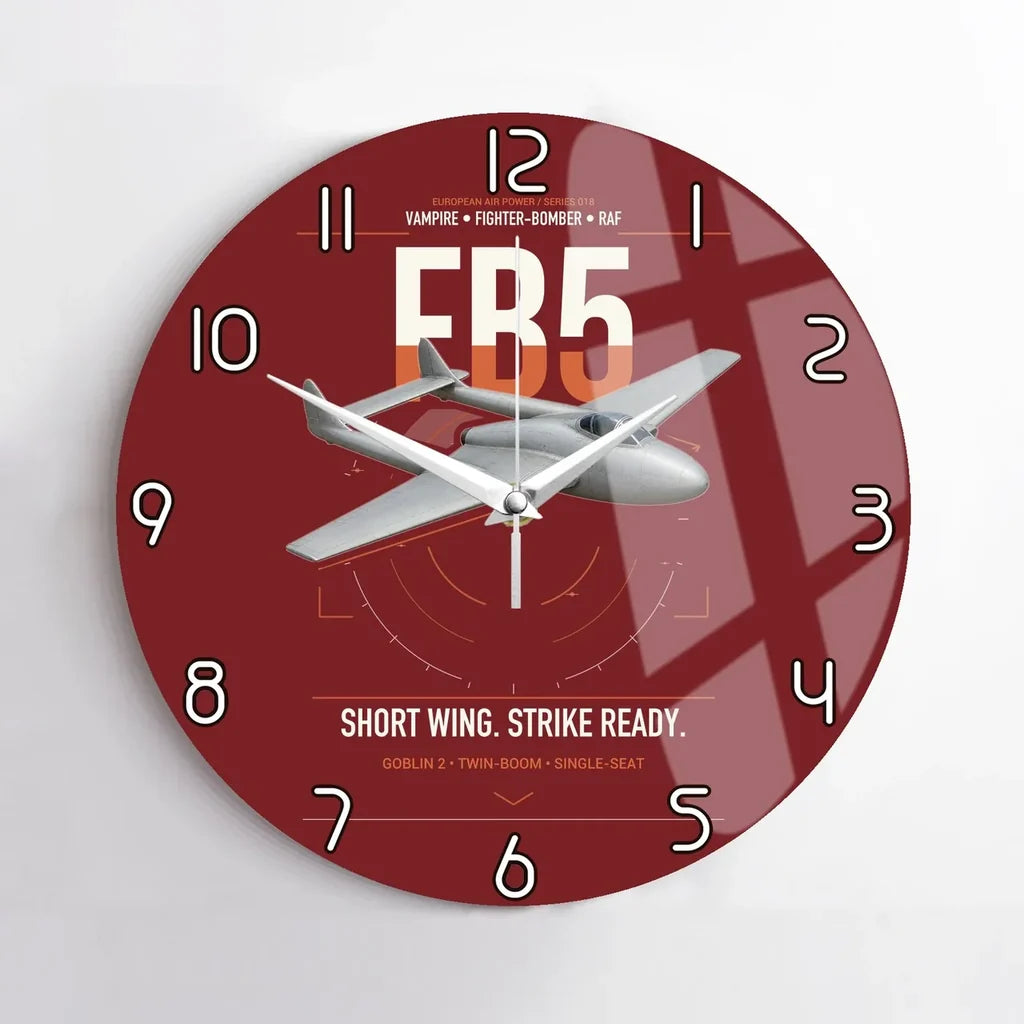 de Havilland Vampire FB5 design on dark red no frame wall clock