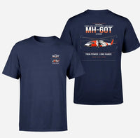 Thumbnail for Sikorsky MH-60T Jayhawk design on navy blue t-shirt, double-side print