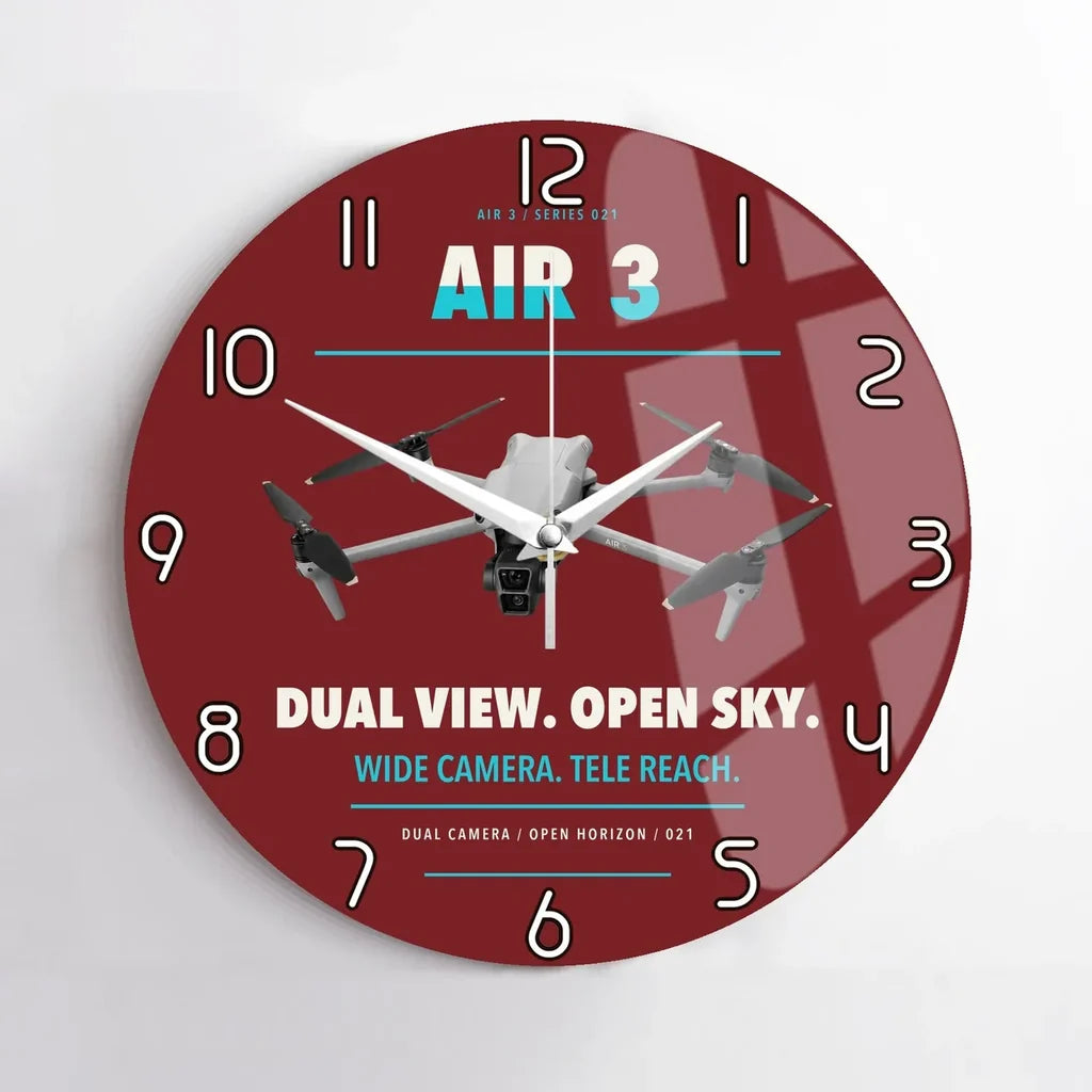 DJI Air 3 design on dark red no frame wall clock