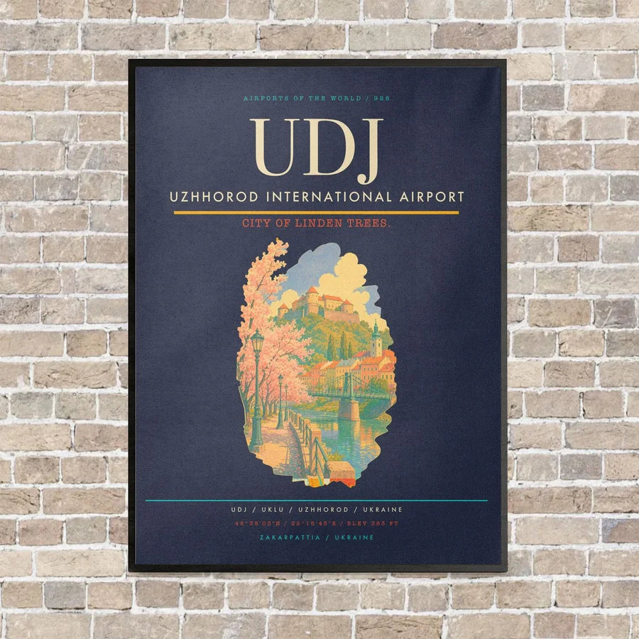 Uzhhorod International Airport UDJ vertical canvas print - framed - navy blue background