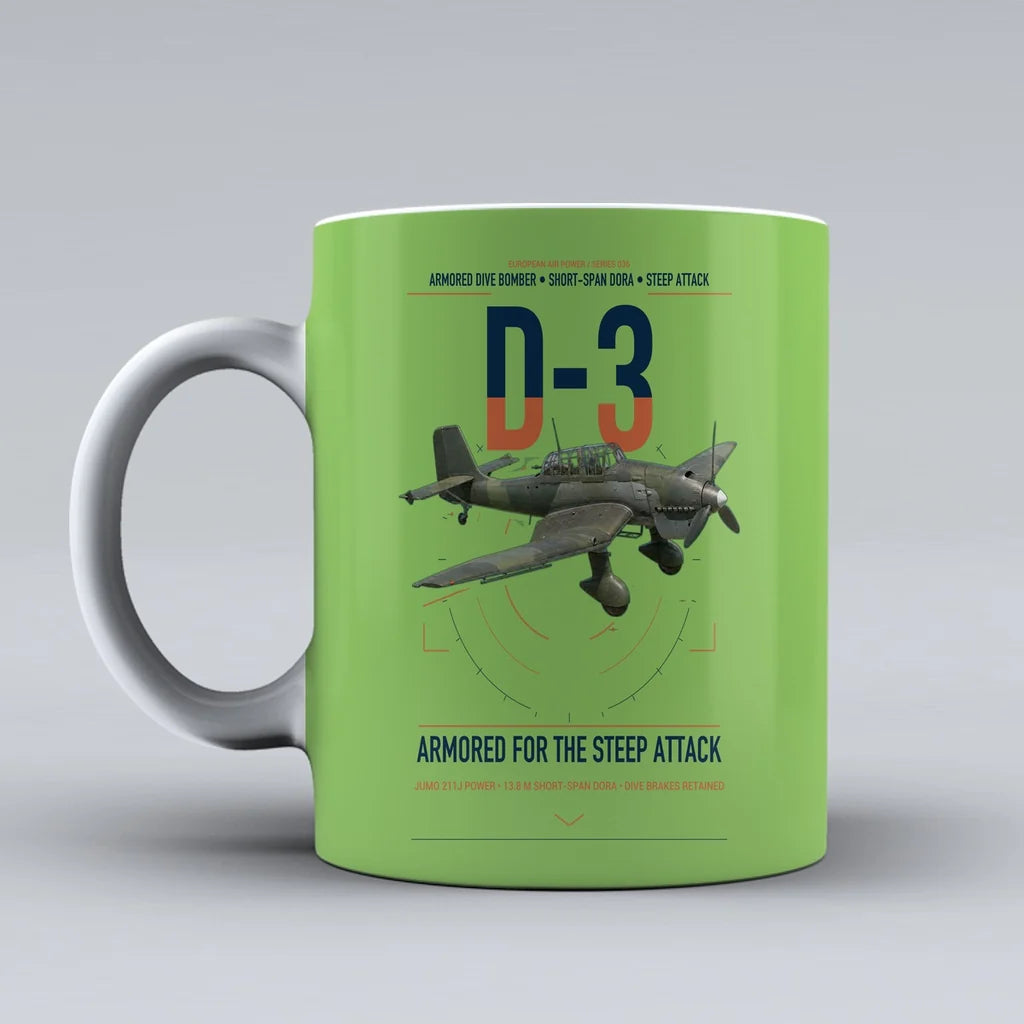 Junkers Ju 87D-3 design on light green ceramic mug, double-side print