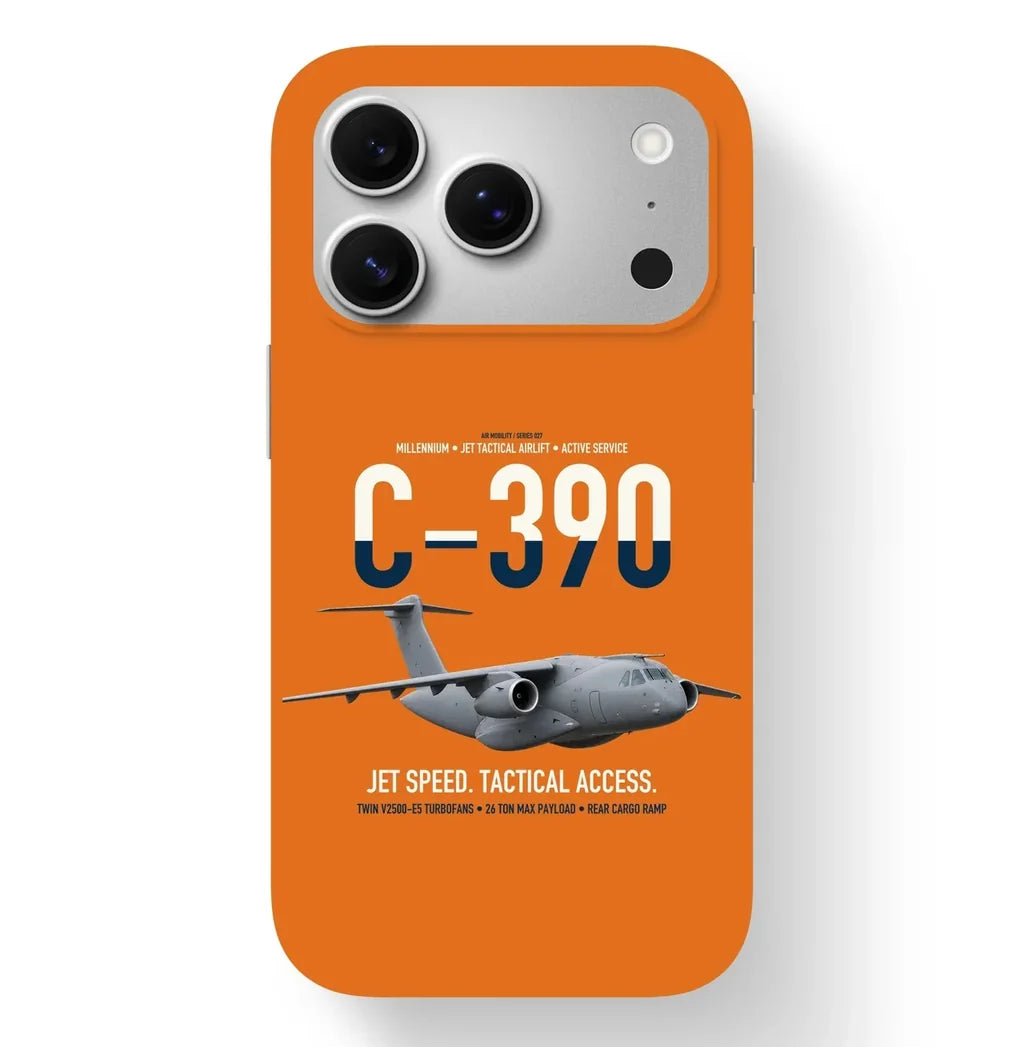 C-390 Millennium design on orange magsafe iphone case, for iPhone 17 Pro