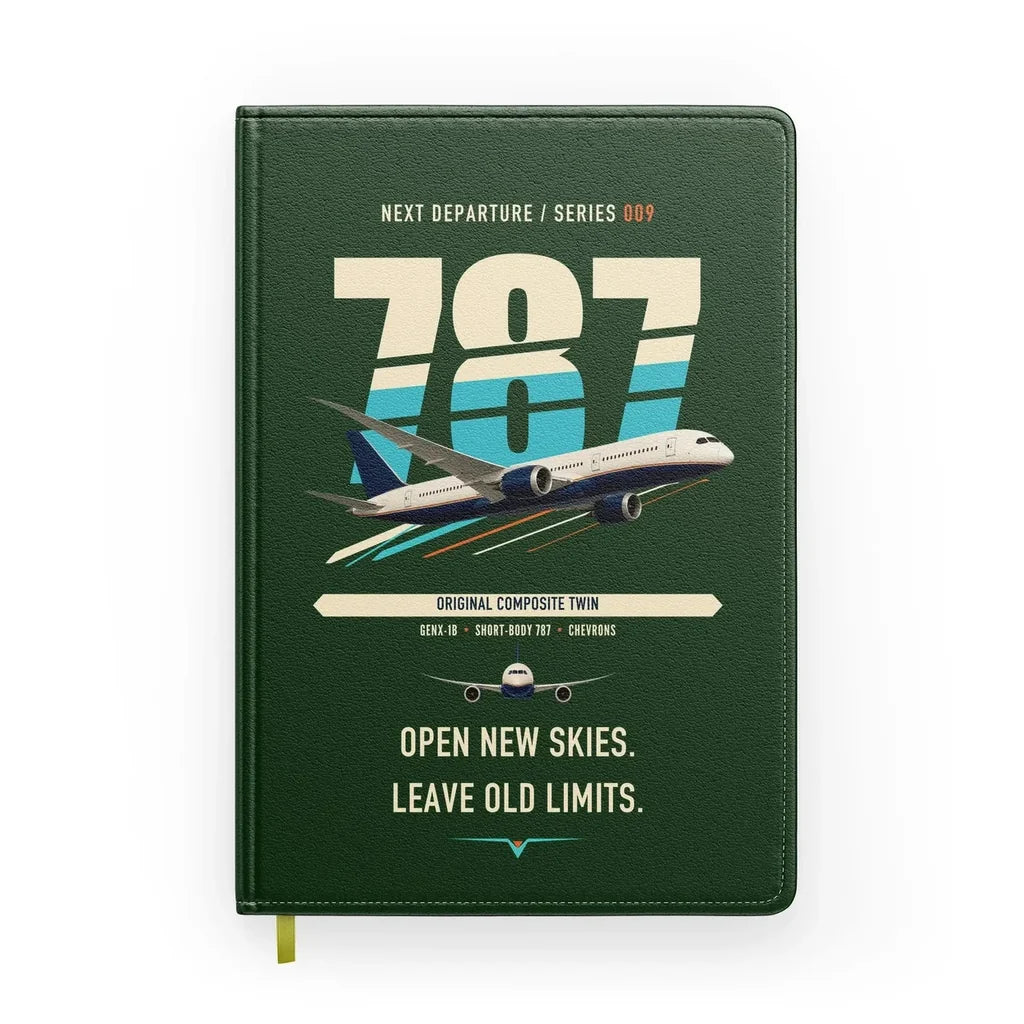 Boeing 787-8 Dreamliner design on dark green notebook