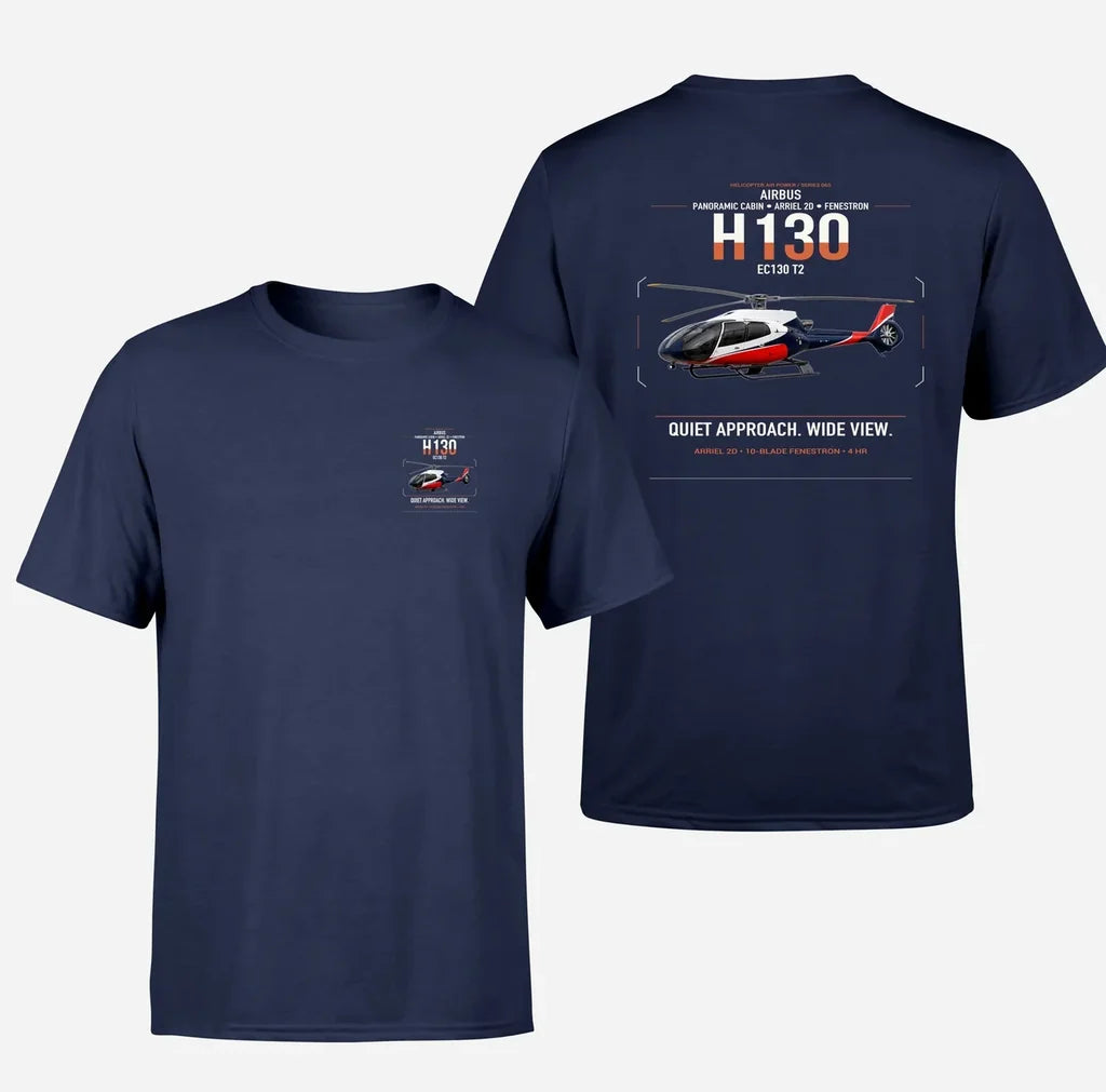 Airbus H130 design on navy blue t-shirt, double-side print