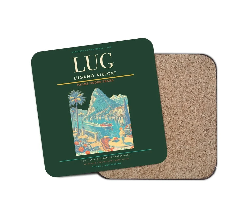 Lugano Airport (LUG) design on dark green 1 piece coaster