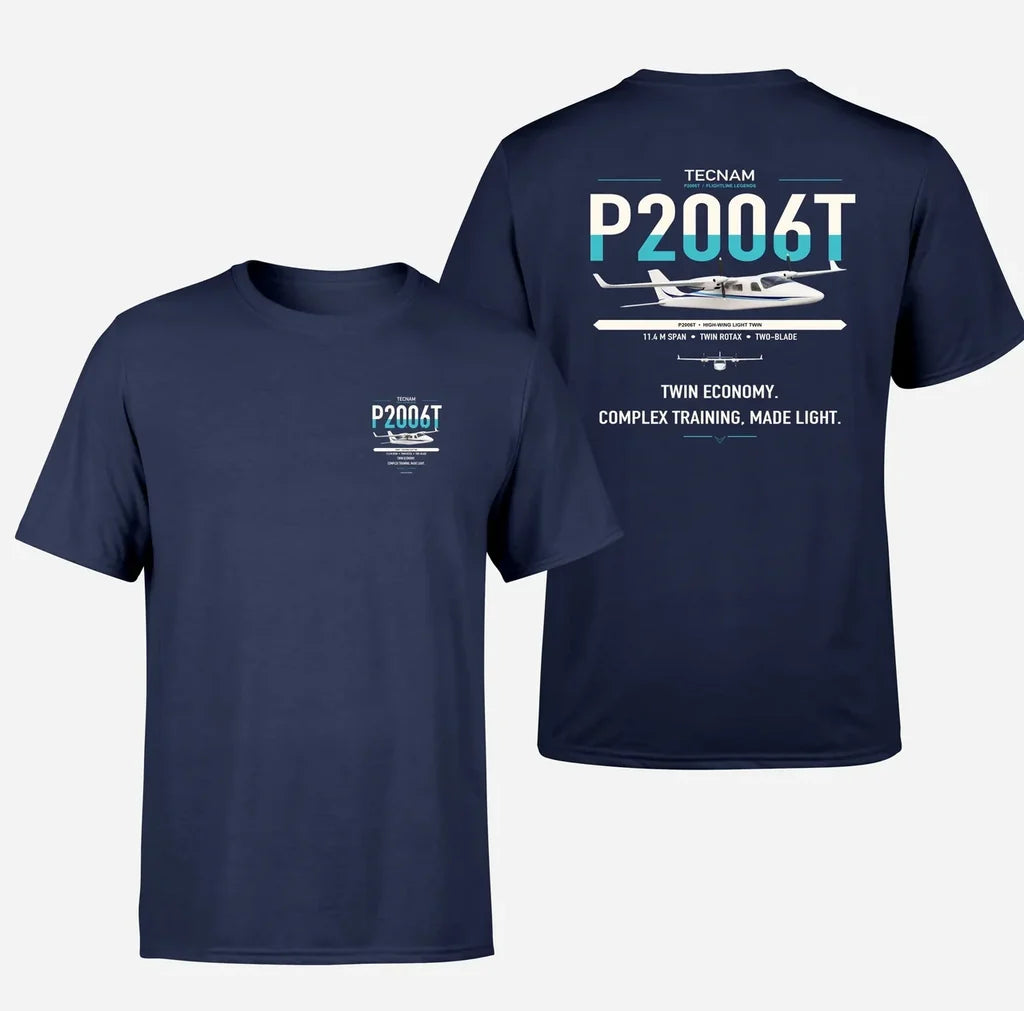 Tecnam P2006T design on navy blue t-shirt, double-side print