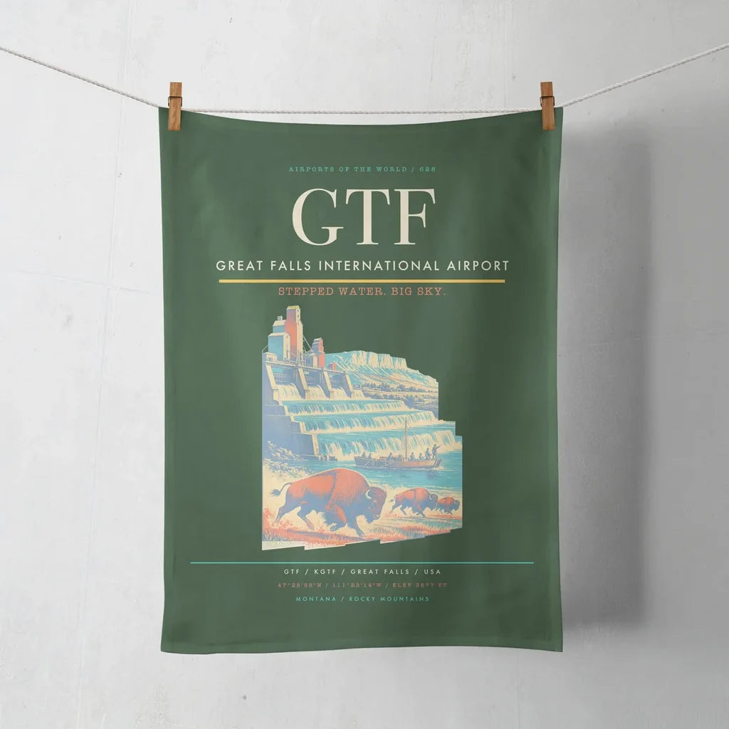 Great Falls International Airport (GTF) design on dark green towel