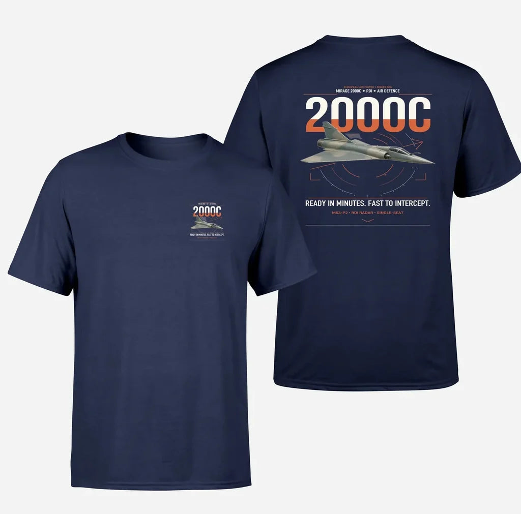 Dassault Mirage 2000C RDI design on navy blue t-shirt, double-side print