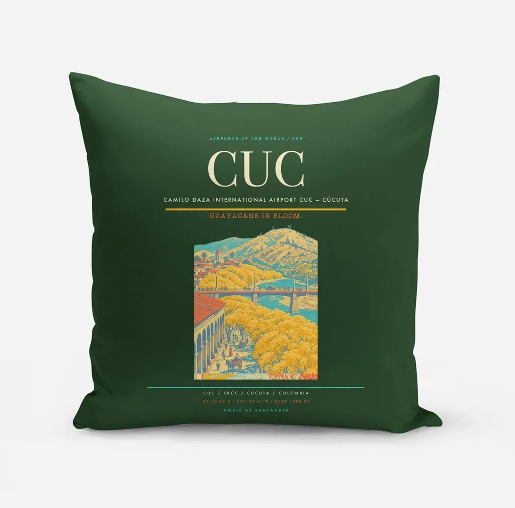 Camilo Daza International Airport (CUC) design on dark green pillow