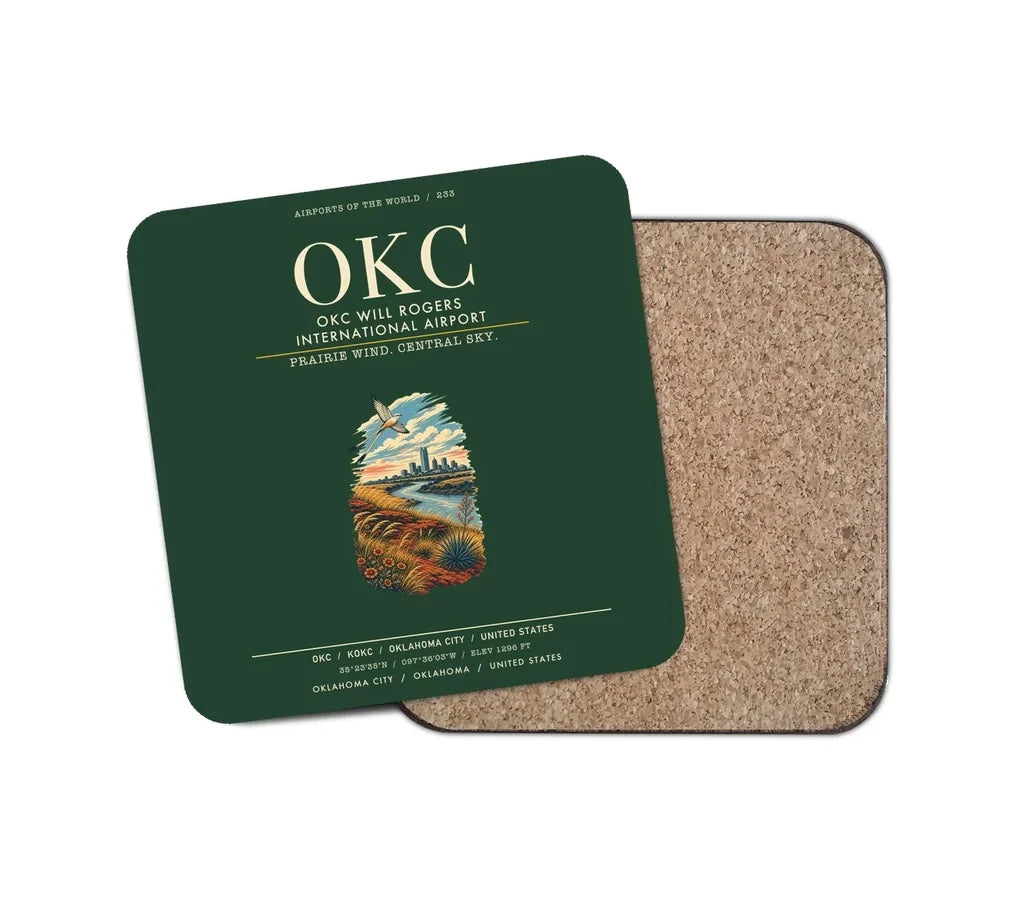 OKC Will Rogers International Airport (OKC) design on dark green 1 piece coaster