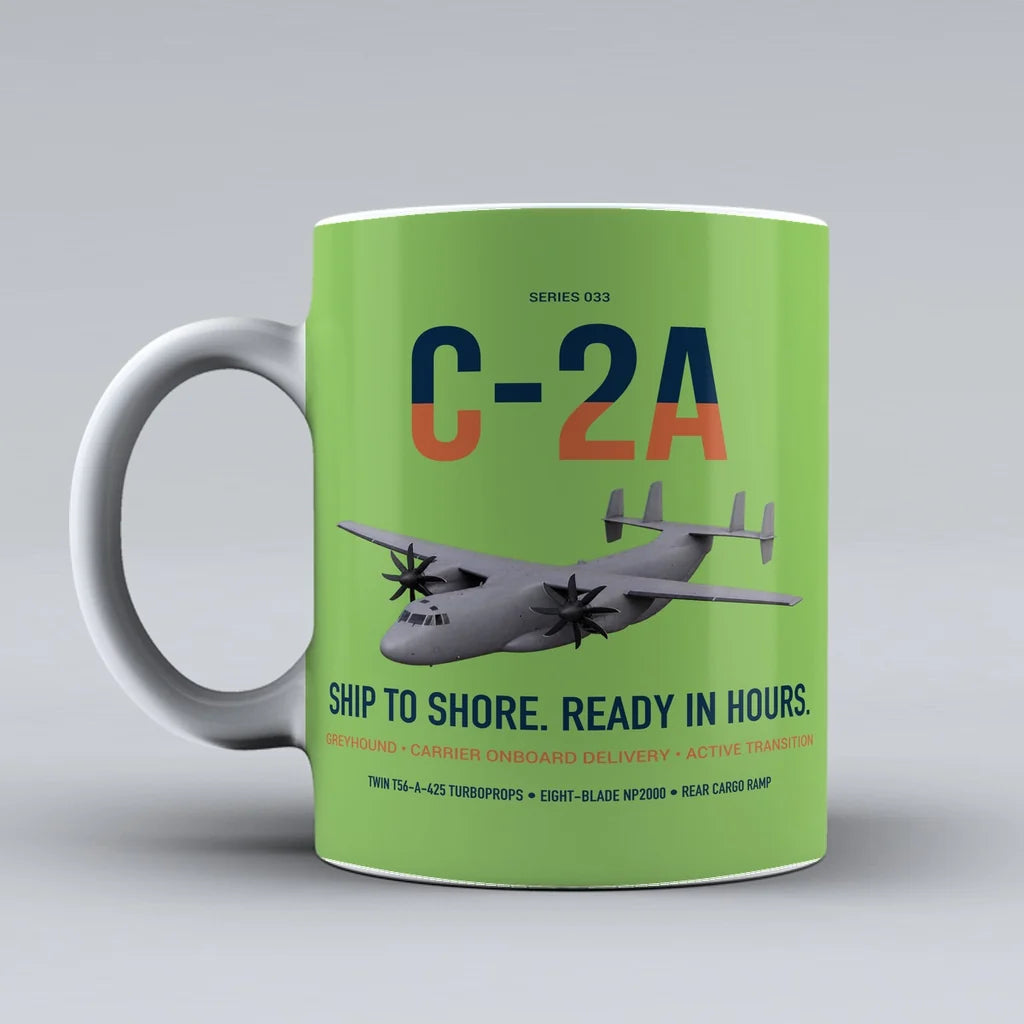 C-2A Greyhound design on light green ceramic mug, double-side print