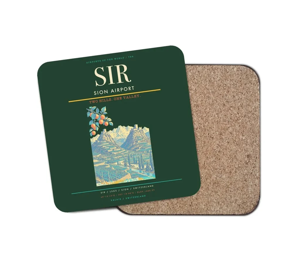 Sion Airport (SIR) design on dark green 1 piece coaster