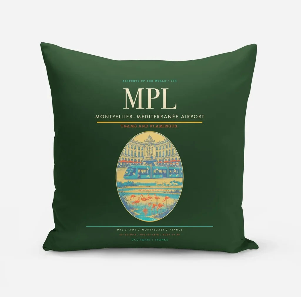 Montpellier–Méditerranée Airport (MPL) design on dark green pillow
