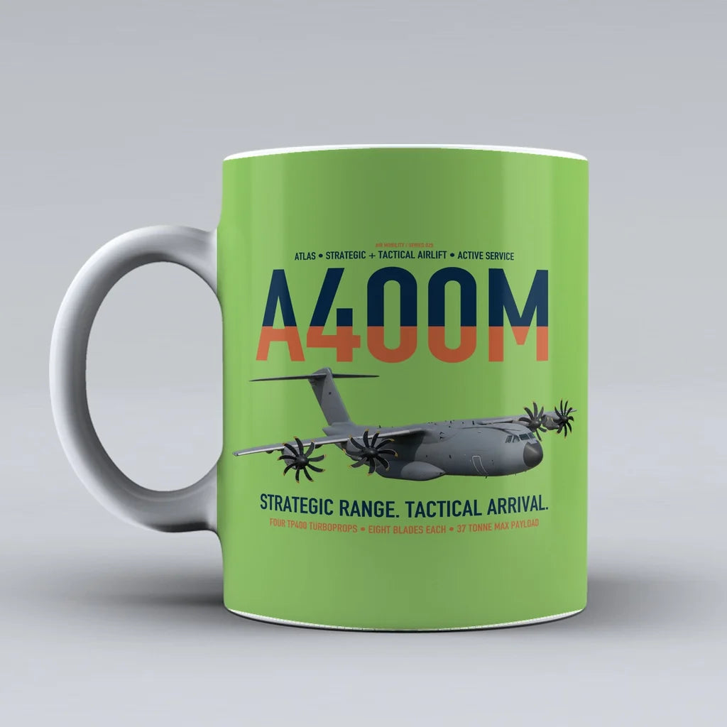 Airbus A400M Atlas design on light green ceramic mug, double-side print