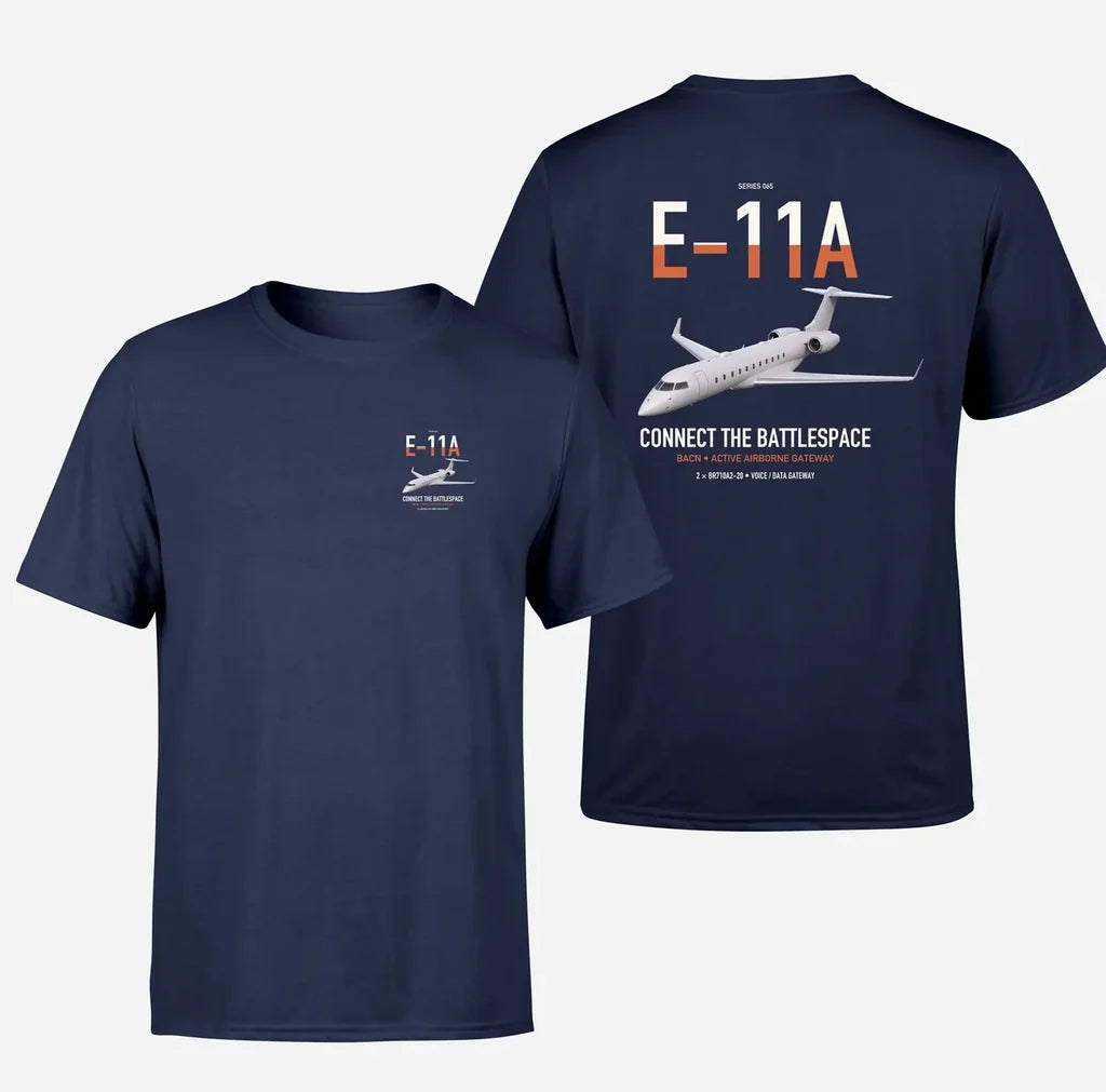 E-11A BACN design on navy blue double-side t-shirt, double-side print