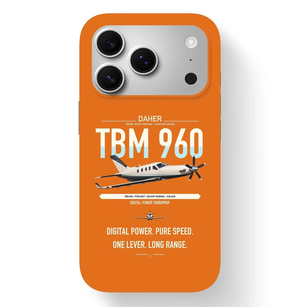 Daher TBM 960 design on orange magsafe iphone case, for iPhone 17 Pro