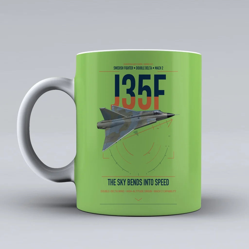 Saab J 35F Draken design on light green ceramic mug, double-side print