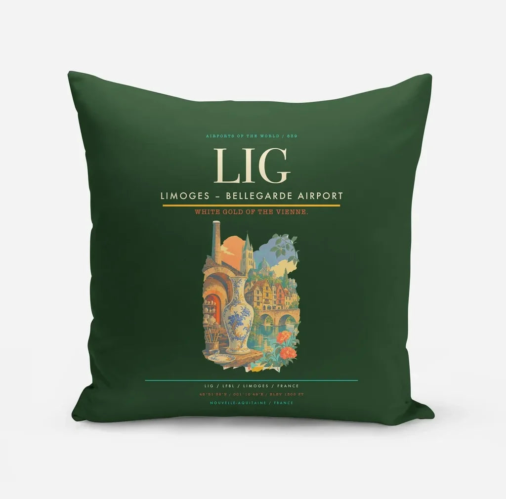 Limoges – Bellegarde Airport (LIG) design on dark green pillow