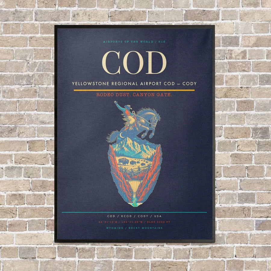 Yellowstone Regional Airport COD — Cody vertical canvas print - framed - navy blue background