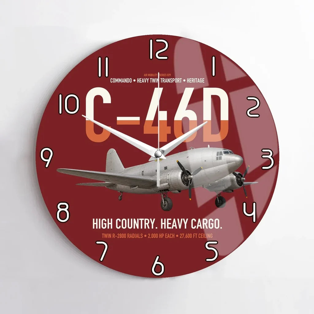 C-46D Commando design on dark red no frame wall clock