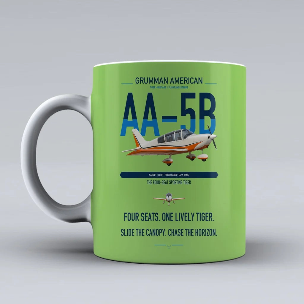 Grumman American AA-5B Tiger design on light green ceramic mug, double-side print