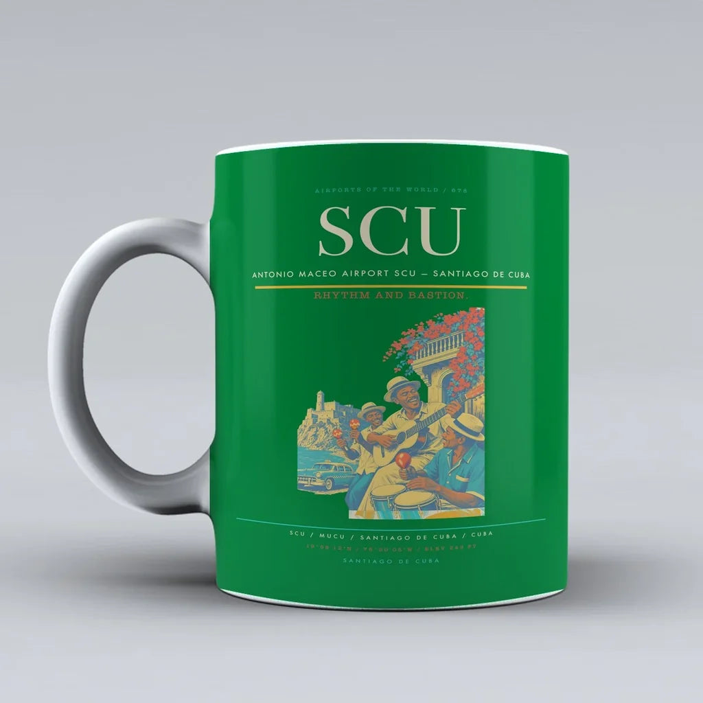 Antonio Maceo Airport (SCU) airport code design on green ceramic mug