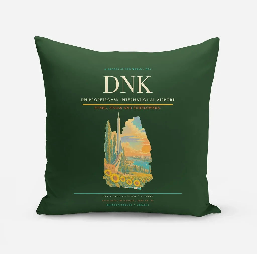 Dnipropetrovsk International Airport (DNK) design on dark green pillow