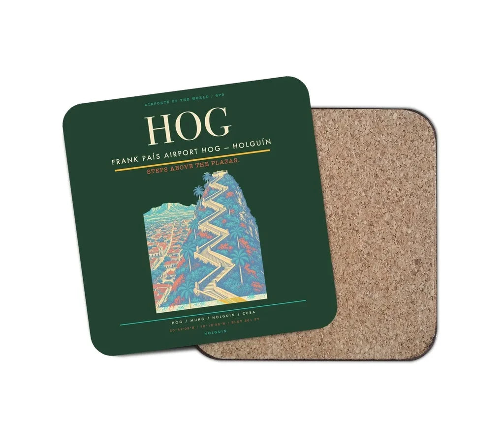 Frank País Airport (HOG) design on dark green 1 piece coaster