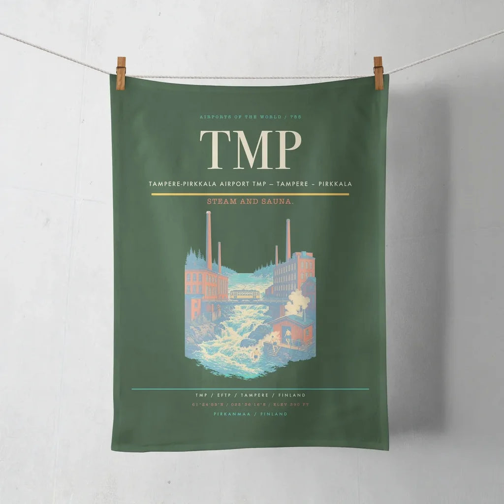 Tampere-Pirkkala Airport (TMP) design on dark green towel