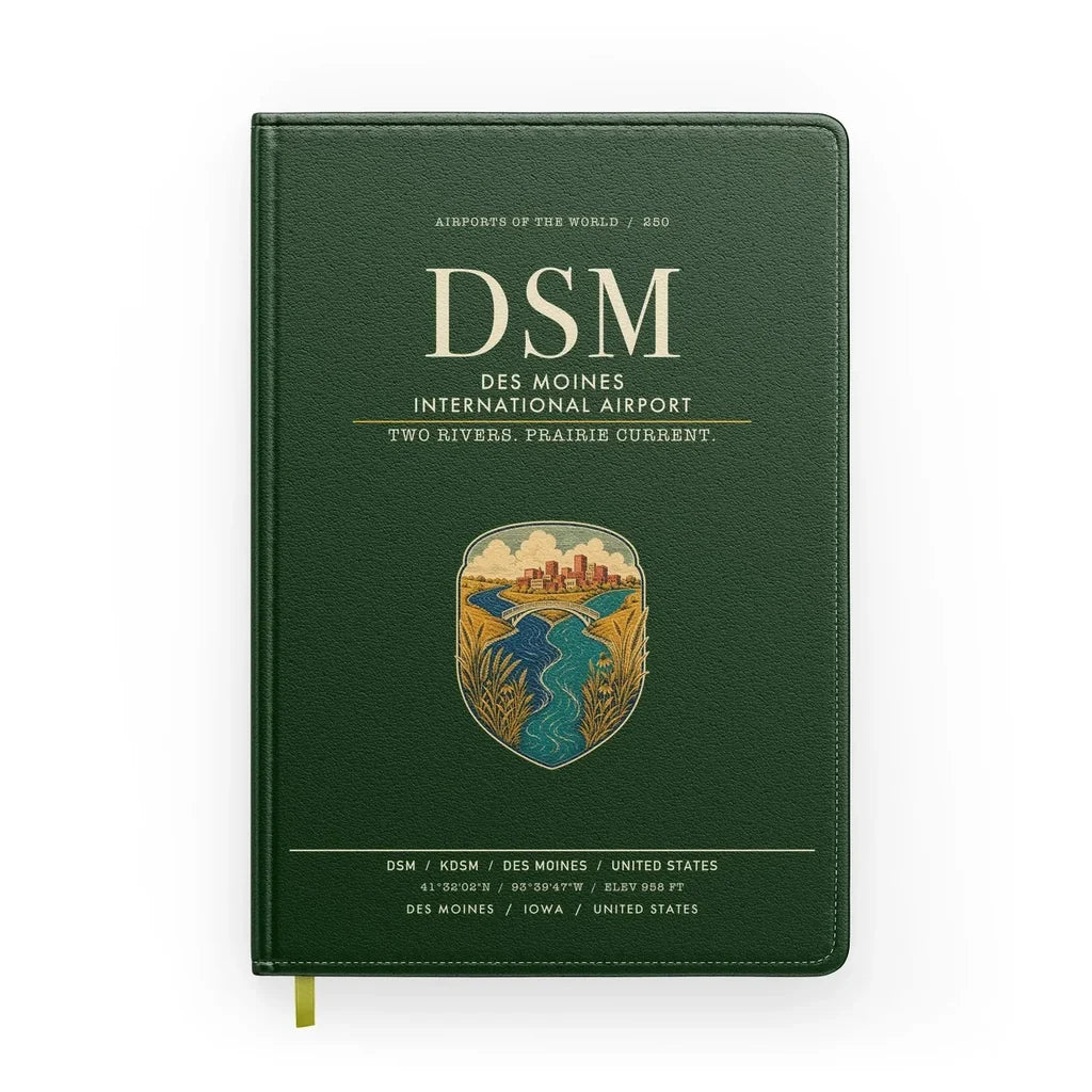 Des Moines International Airport (DSM) design on dark green notebook
