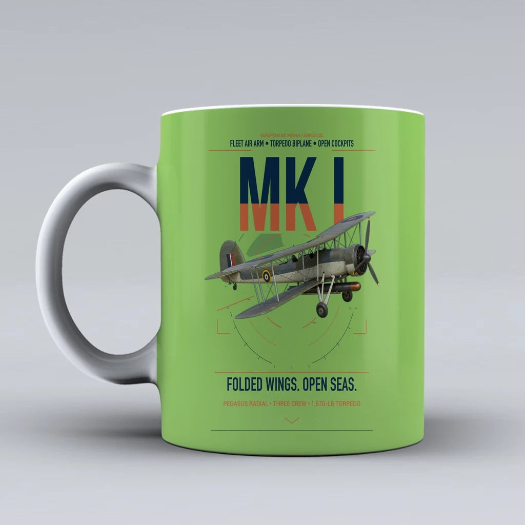Fairey Swordfish Mk I design on light green ceramic mug, double-side print