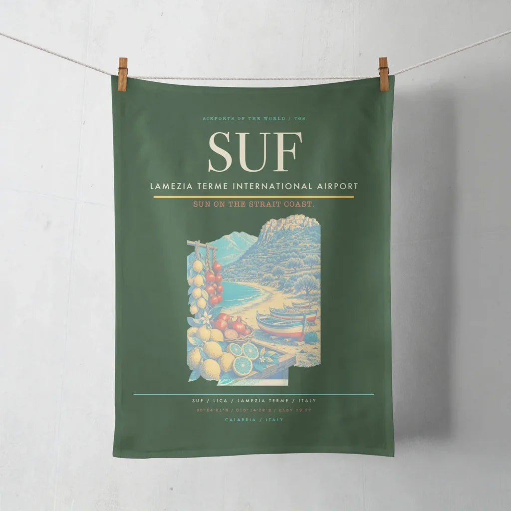 Lamezia Terme International Airport (SUF) design on dark green towel