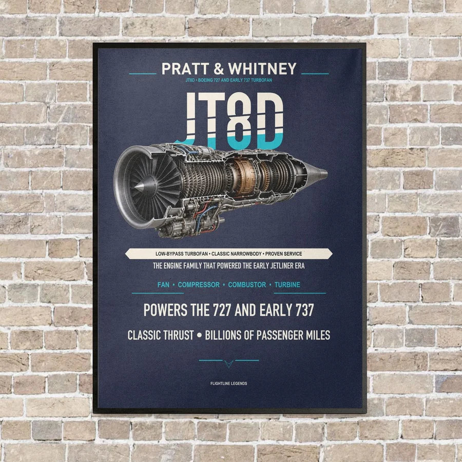 JT8D vertical canvas print - framed - navy blue background