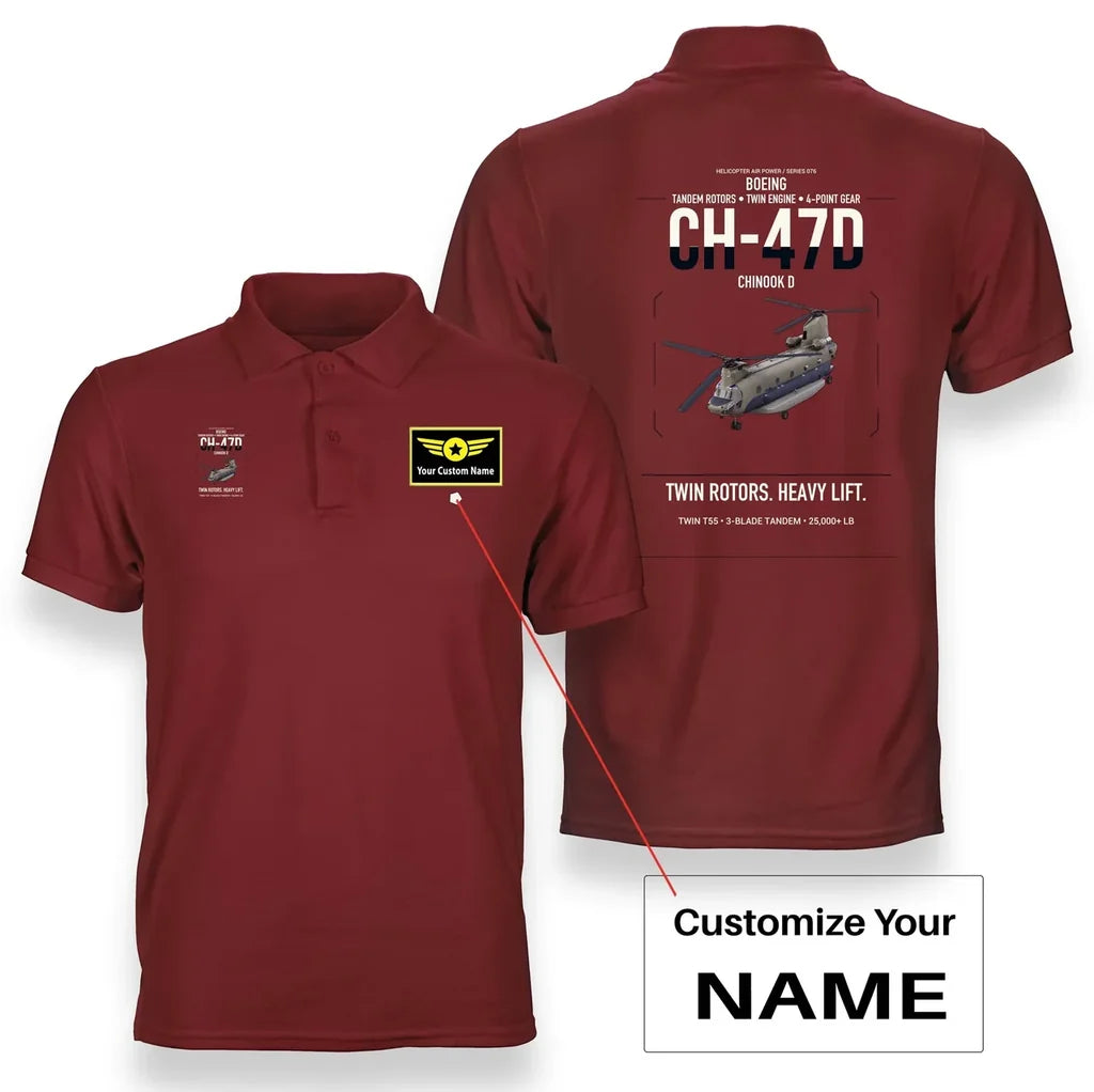 Boeing CH-47D design on red+name double-side polo t-shirt, double-side print