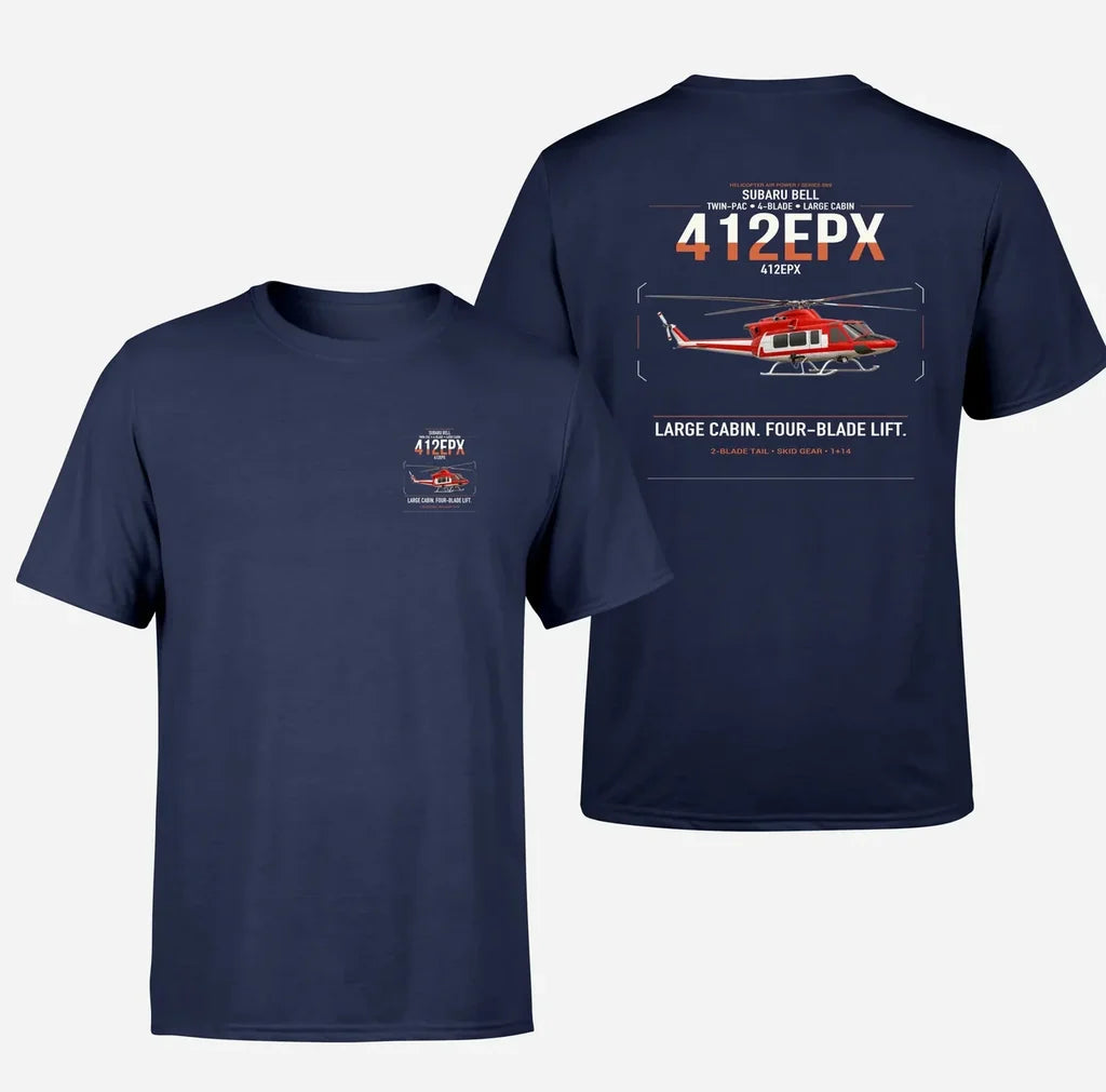 SUBARU Bell 412EPX design on navy blue t-shirt, double-side print