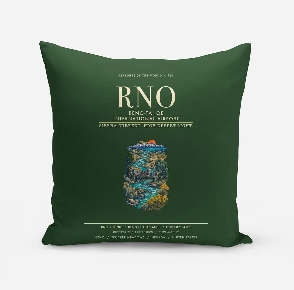 Reno-Tahoe International Airport (RNO) design on dark green pillow