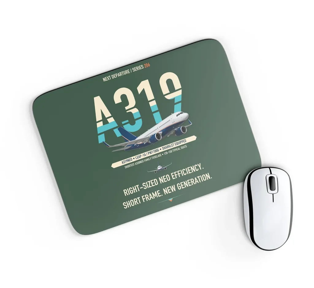 Airbus A319neo design on dark green rectangle mouse pad
