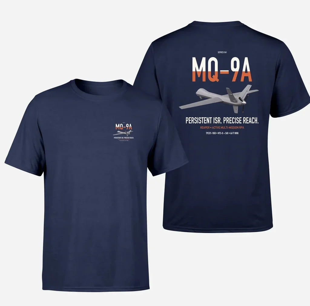 MQ-9A Reaper design on navy blue double-side t-shirt, double-side print
