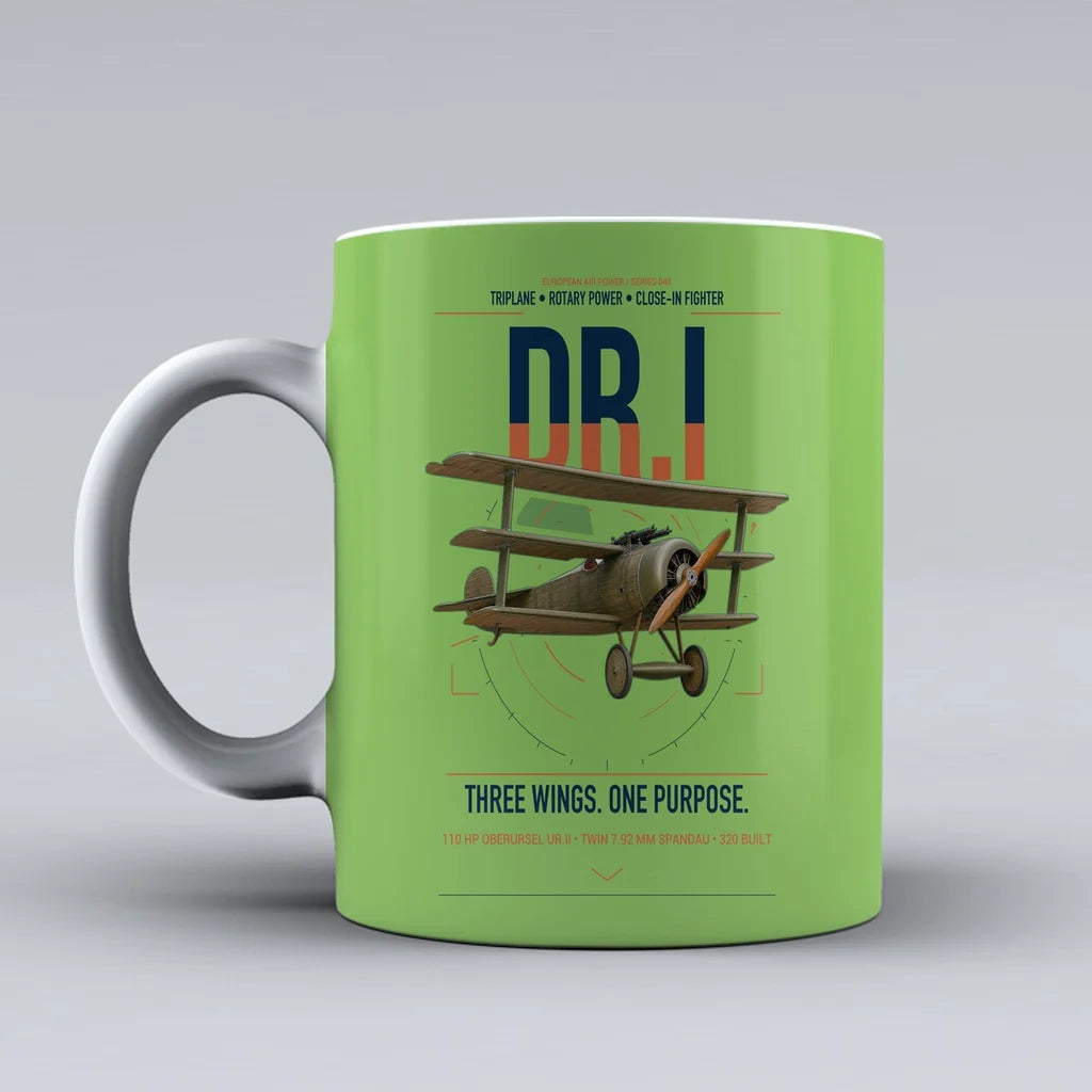 Fokker Dr.I design on light green ceramic mug, double-side print