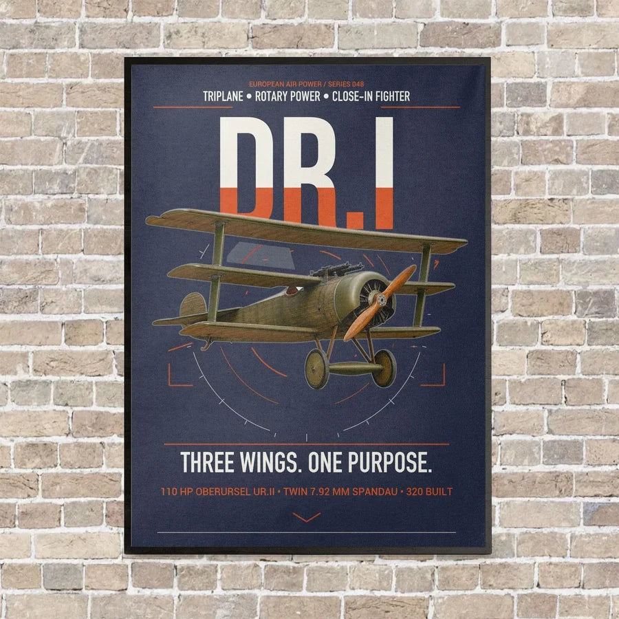 Fokker Dr.I vertical canvas print - framed - navy blue background